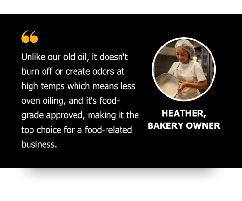Heather, a bakery owner, wrote a testimonial about Chain Guard High Temp Oven Chain Lubricant.